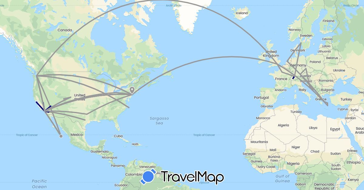 TravelMap itinerary: driving, plane in Switzerland, Czech Republic, Germany, France, United Kingdom, Greece, Croatia, Mexico, Netherlands, Sweden, United States (Europe, North America)